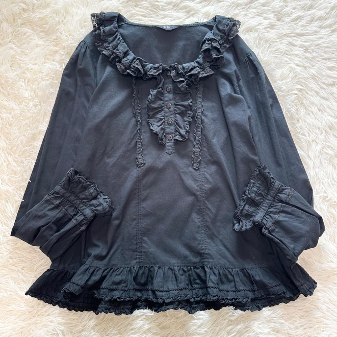 美品 ピンクハウス フリルブラウス リボン 長袖 黒 フリル襟