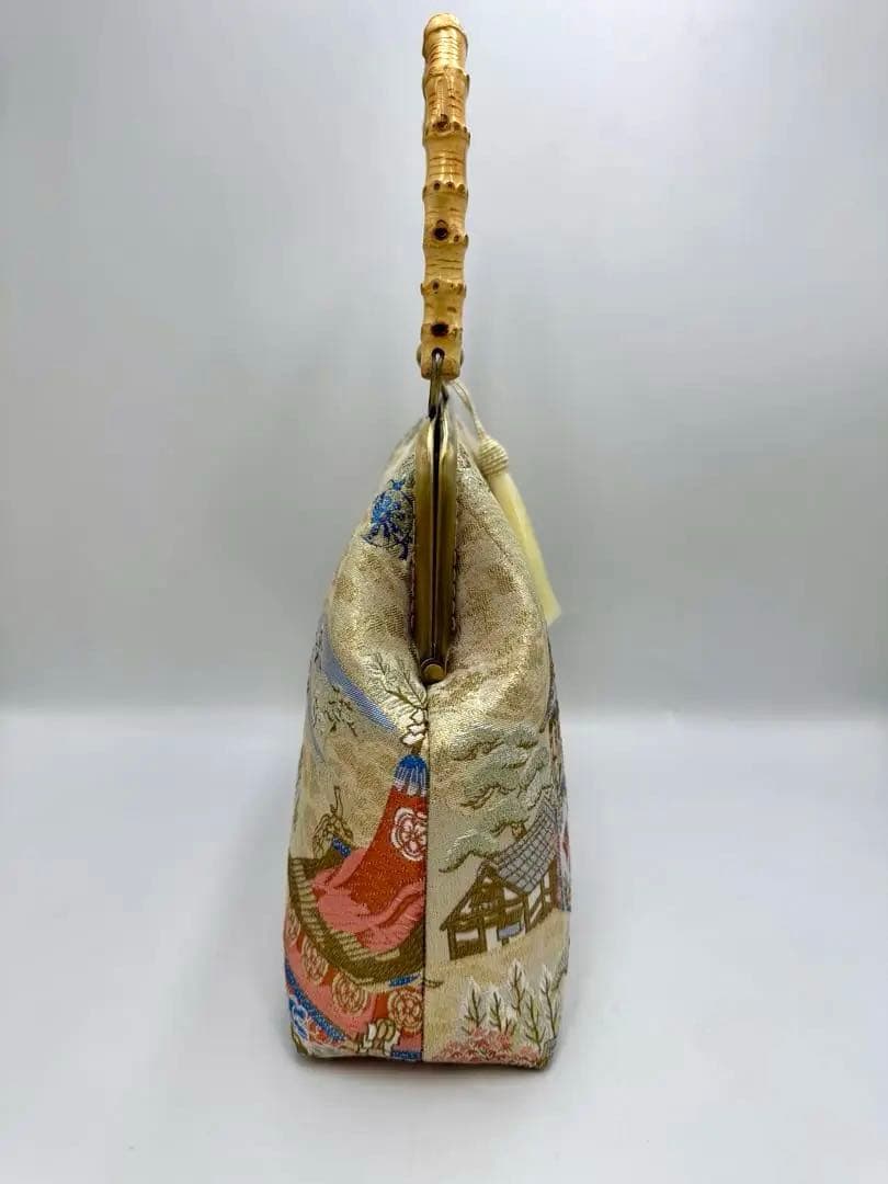 ハンドメイド　西陣織金襴 金糸 ラメ糸ハンド バッグ バンブー 持ち手#B241