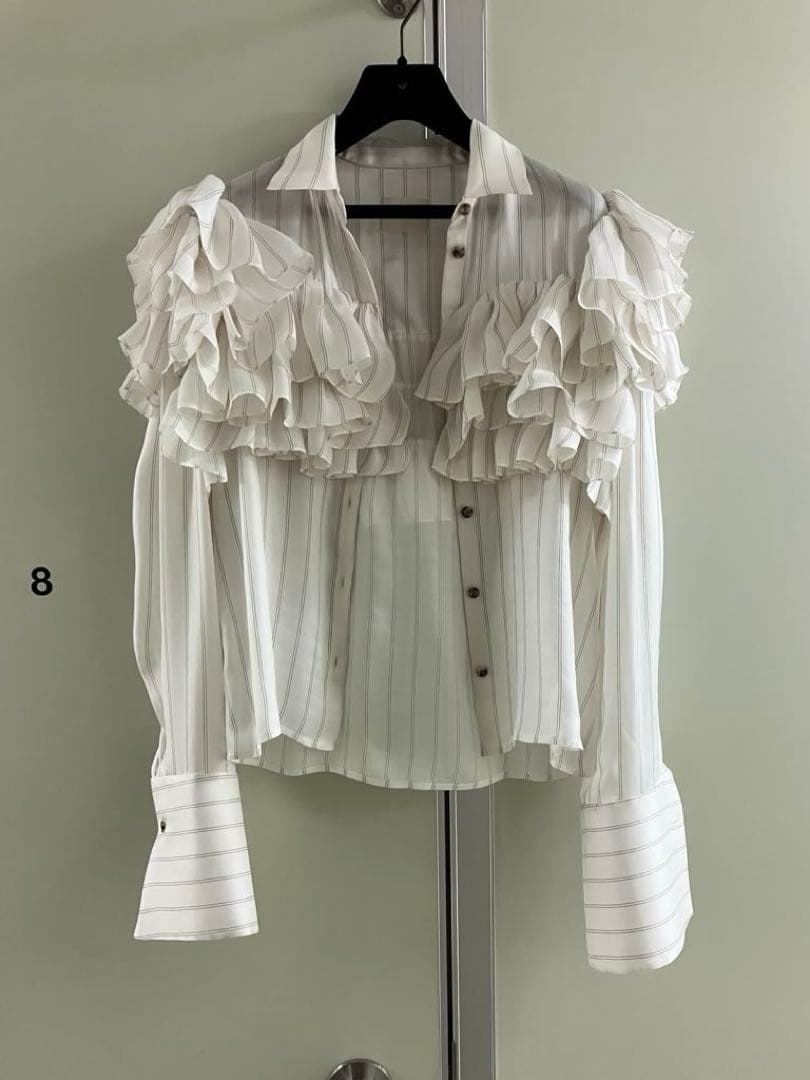 【KHAITE】 WHITE SILK stripe ruffle blouse
