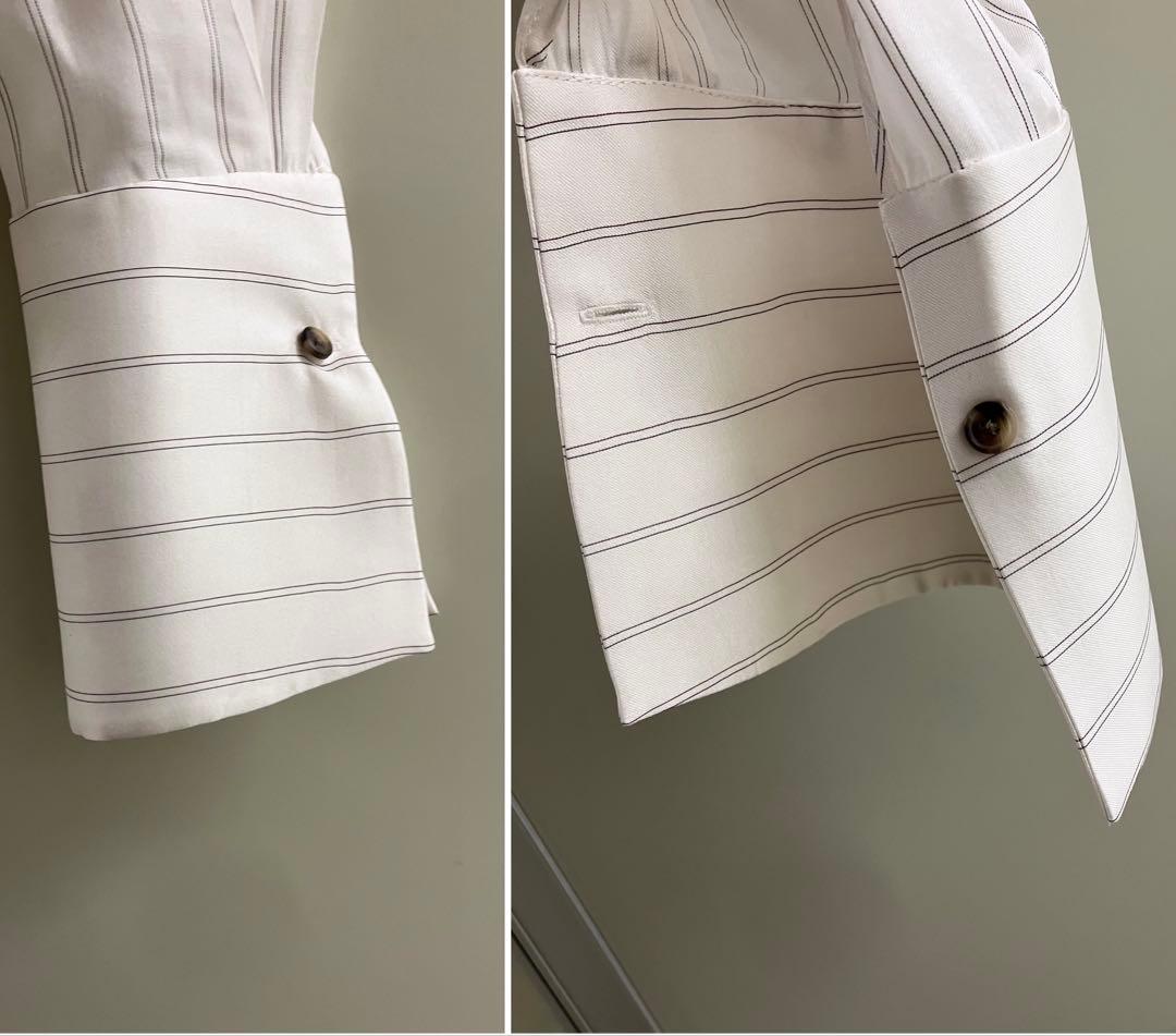 【KHAITE】 WHITE SILK stripe ruffle blouse