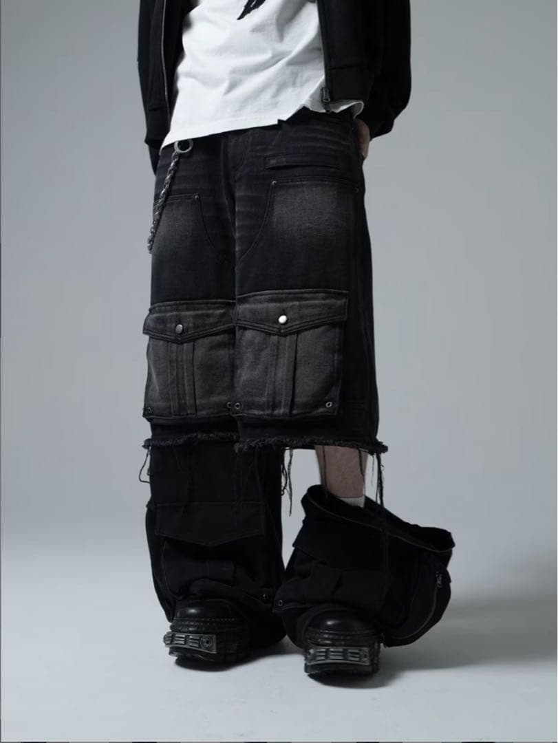 CHIKASHITSU PLUS HIGH レイヤードカーゴデニムパンツ
