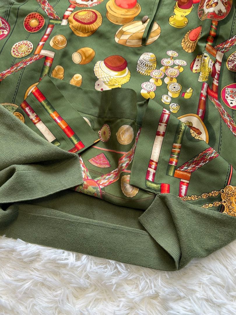HERMES エルメス シルク 切替 ニット 総柄 スカーフ柄 シャツ 緑