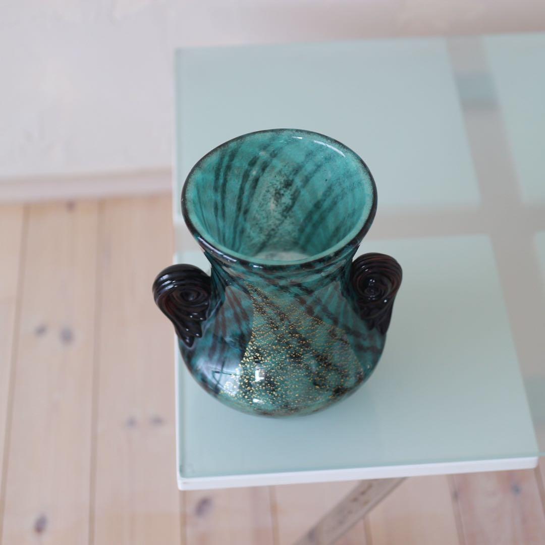 Vintage Glass Vase | 碧と金 ヴェネチアン様式 手吹き花瓶