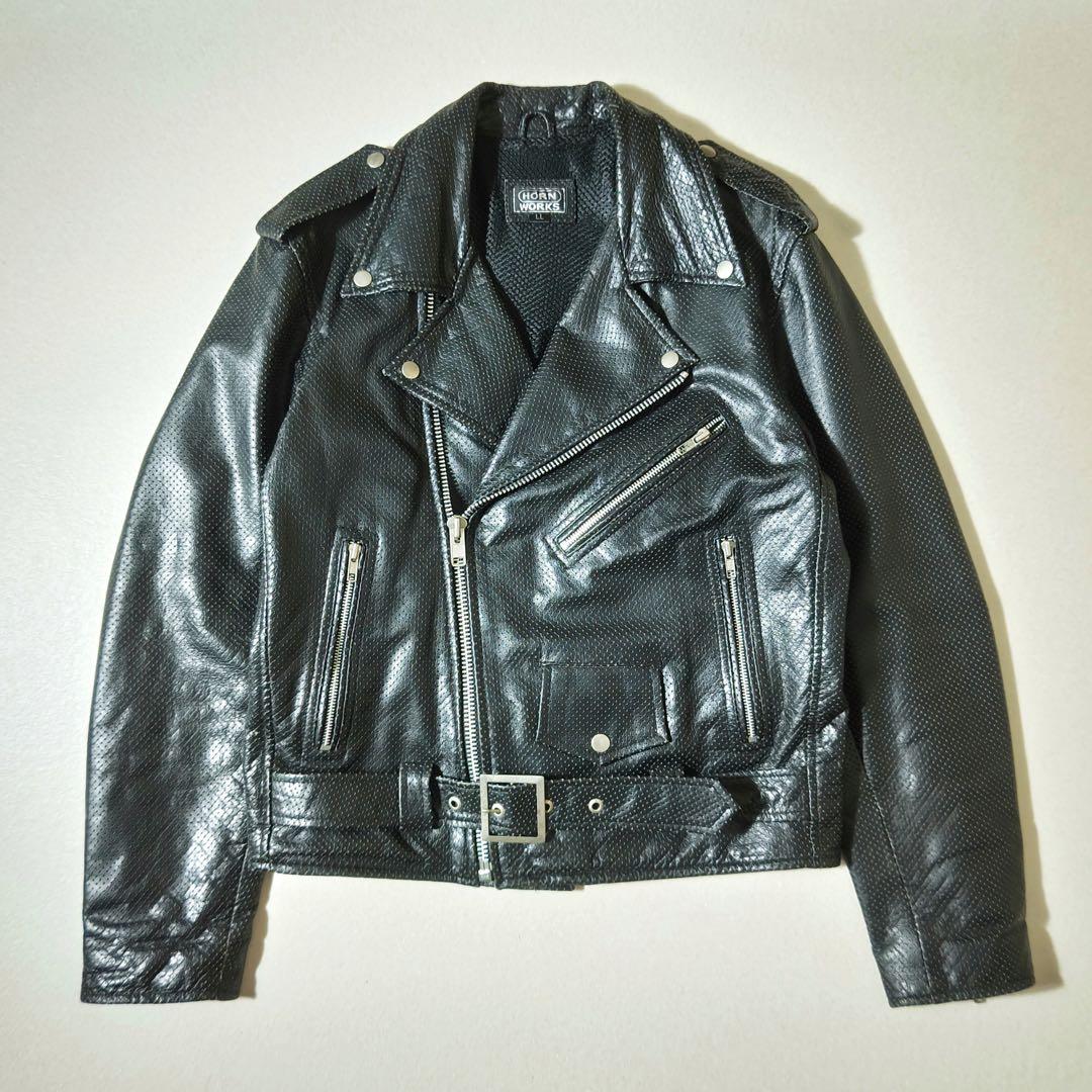 ホーンワークス　ライダースジャケット　本革　パンチング加工　ダブル　黒　メッシュ