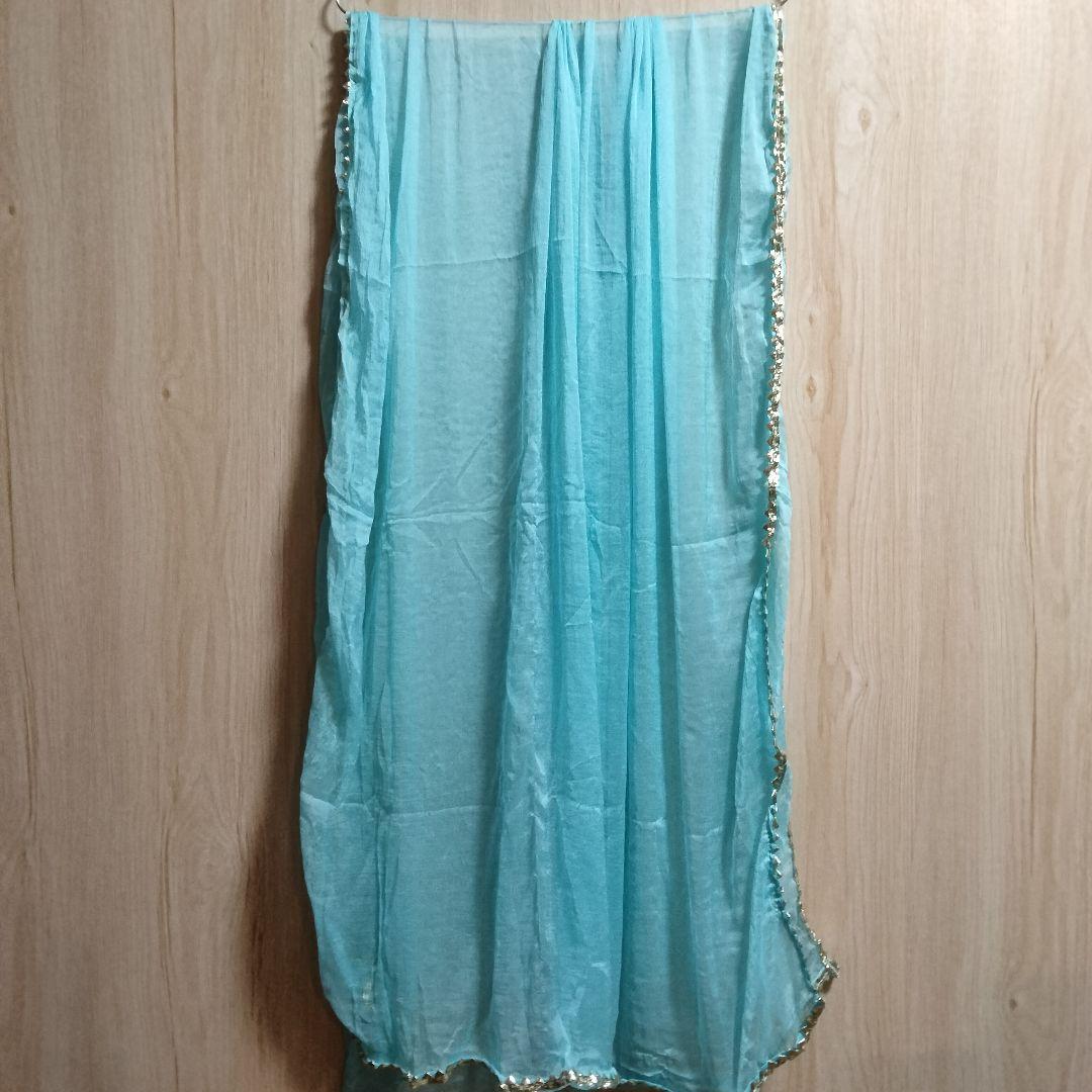インド 水色×ゴールド刺繍のアナルカリセット 【53A-15】