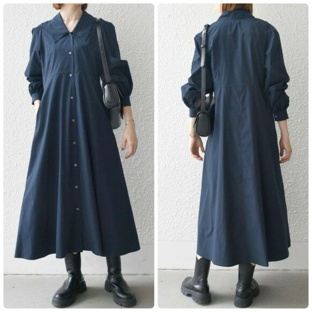 【新品】シップスエニィ フラットカラーVネックパフスリーブワンピース ネイビー