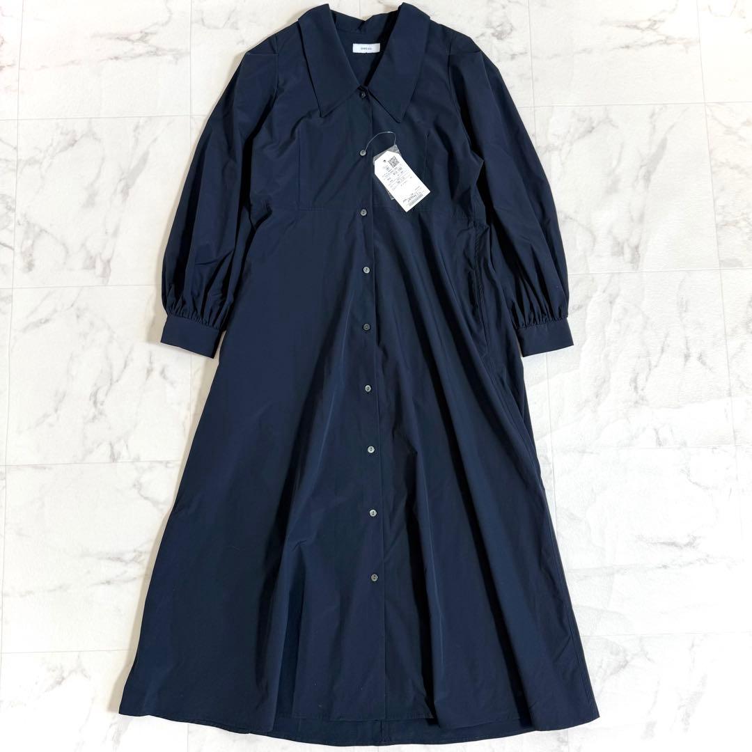 【新品】シップスエニィ フラットカラーVネックパフスリーブワンピース ネイビー
