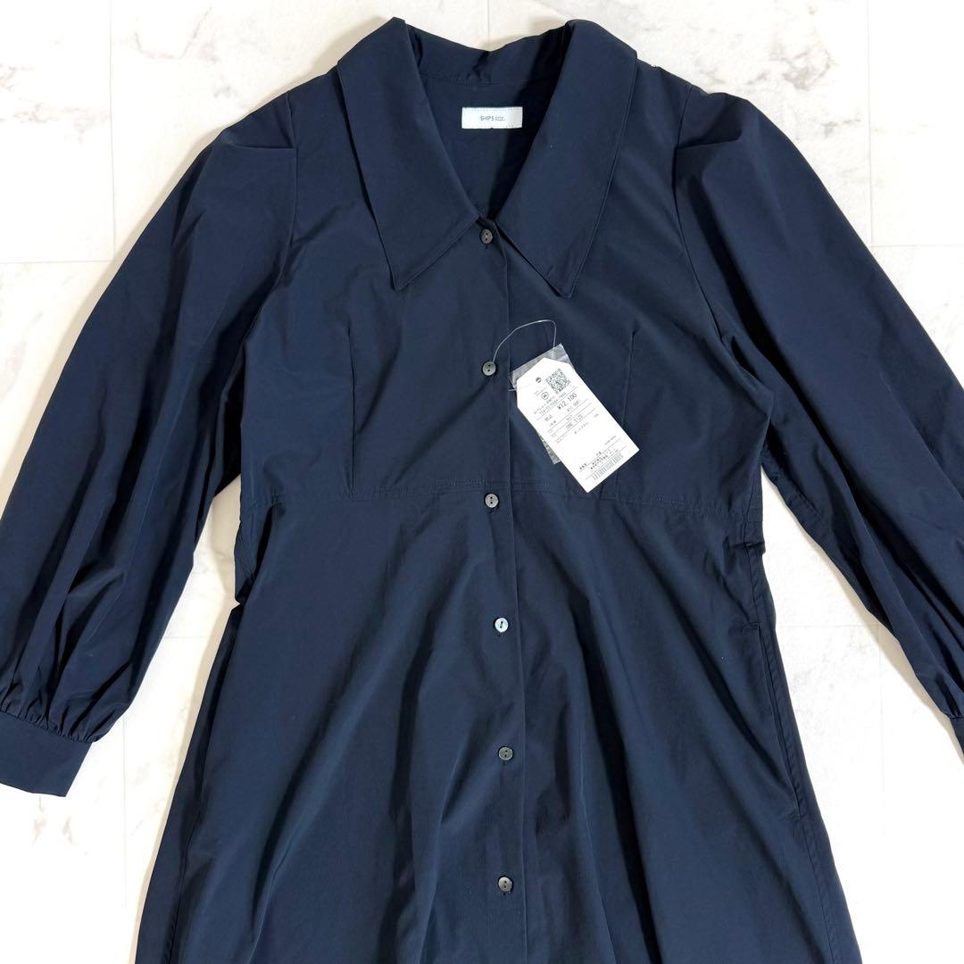 【新品】シップスエニィ フラットカラーVネックパフスリーブワンピース ネイビー