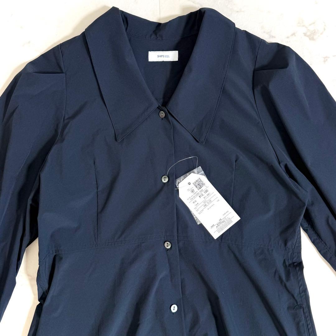 【新品】シップスエニィ フラットカラーVネックパフスリーブワンピース ネイビー