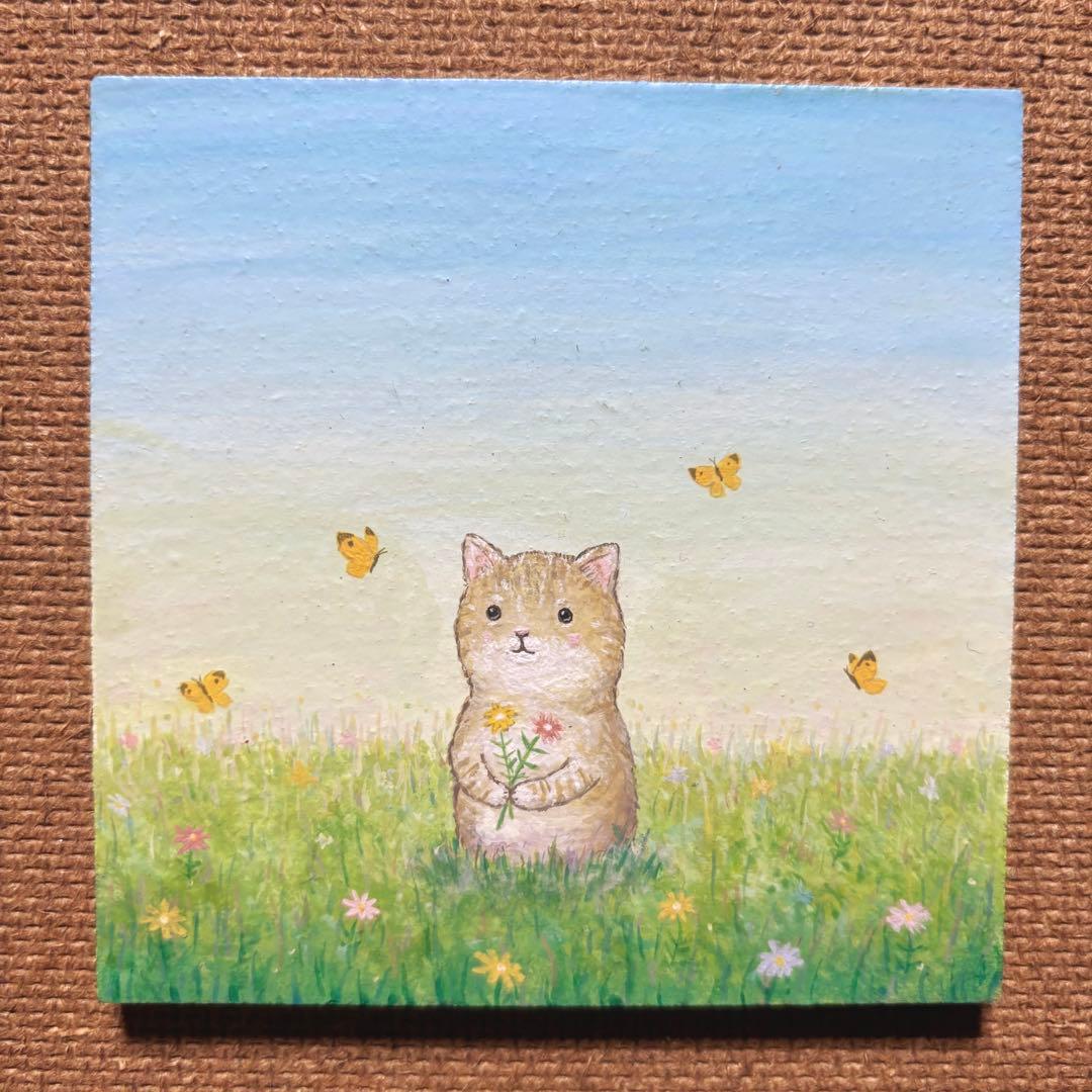 けい様用　自作絵画　蝶の舞う花畑　茶トラ猫の絵　星をつかまえて