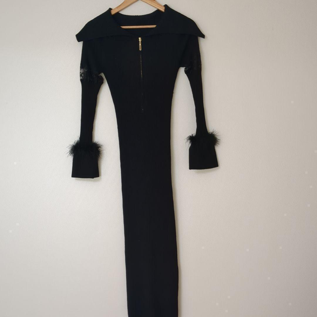 【極美品】ランディオフショルニットロングワンピース黒Fファースリーブきれいめ