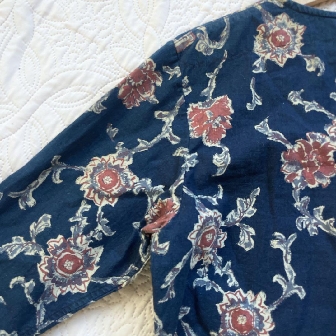 45R 花柄　インディゴ染　ブラウス　サイズ2 長袖　ネイビー　前開き　ロゴ刺繍