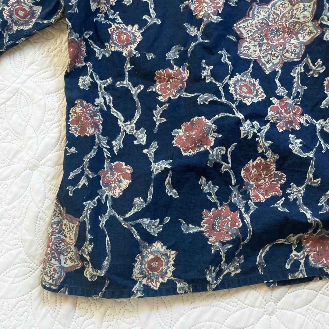 45R 花柄　インディゴ染　ブラウス　サイズ2 長袖　ネイビー　前開き　ロゴ刺繍