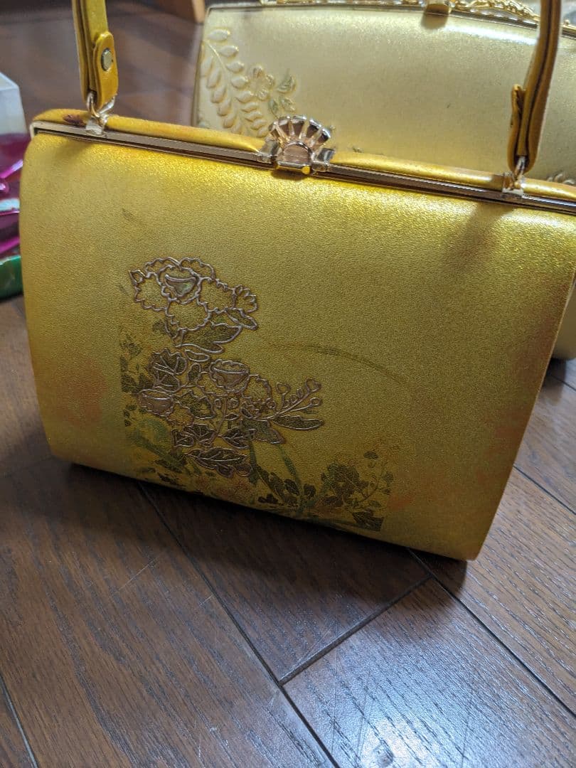 金色 花柄 和装用バッグと草履セット