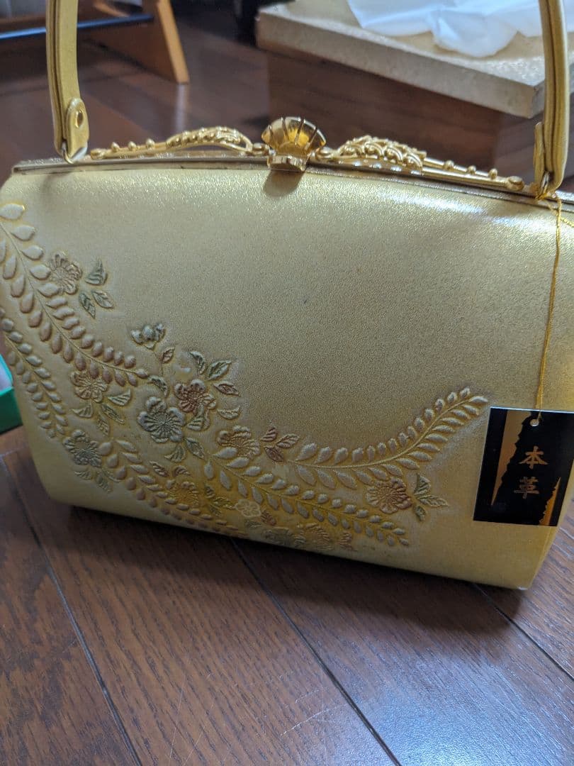 金色 花柄 和装用バッグと草履セット