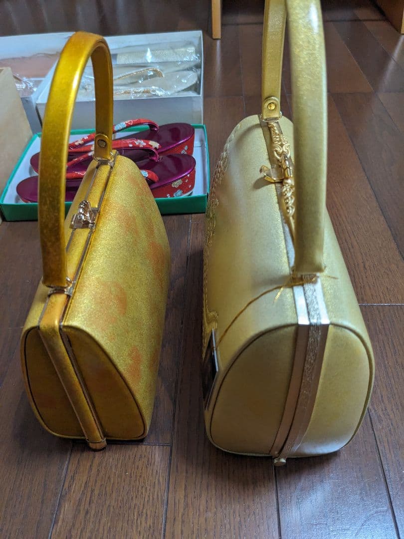 金色 花柄 和装用バッグと草履セット