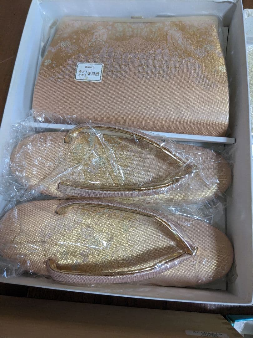 金色 花柄 和装用バッグと草履セット