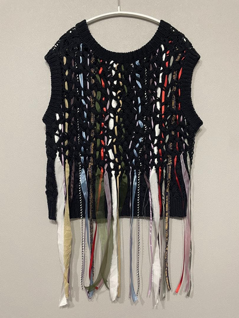 アキラナカ Lucia tape fringe knit pullover BK