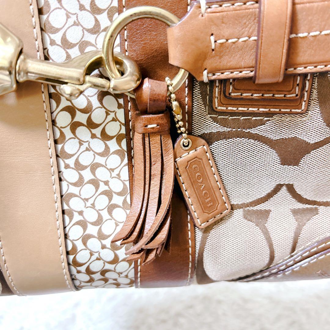 【美品】COACHコーチ　ハンプトンズストライプミディアムキャリーオール肩掛け