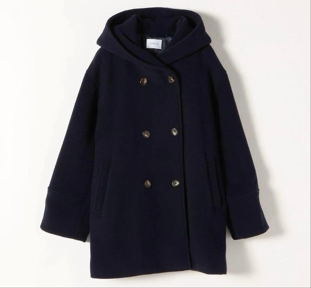 SHIPS any シップス フーデット ミディ コート 40 ネイビー 美品