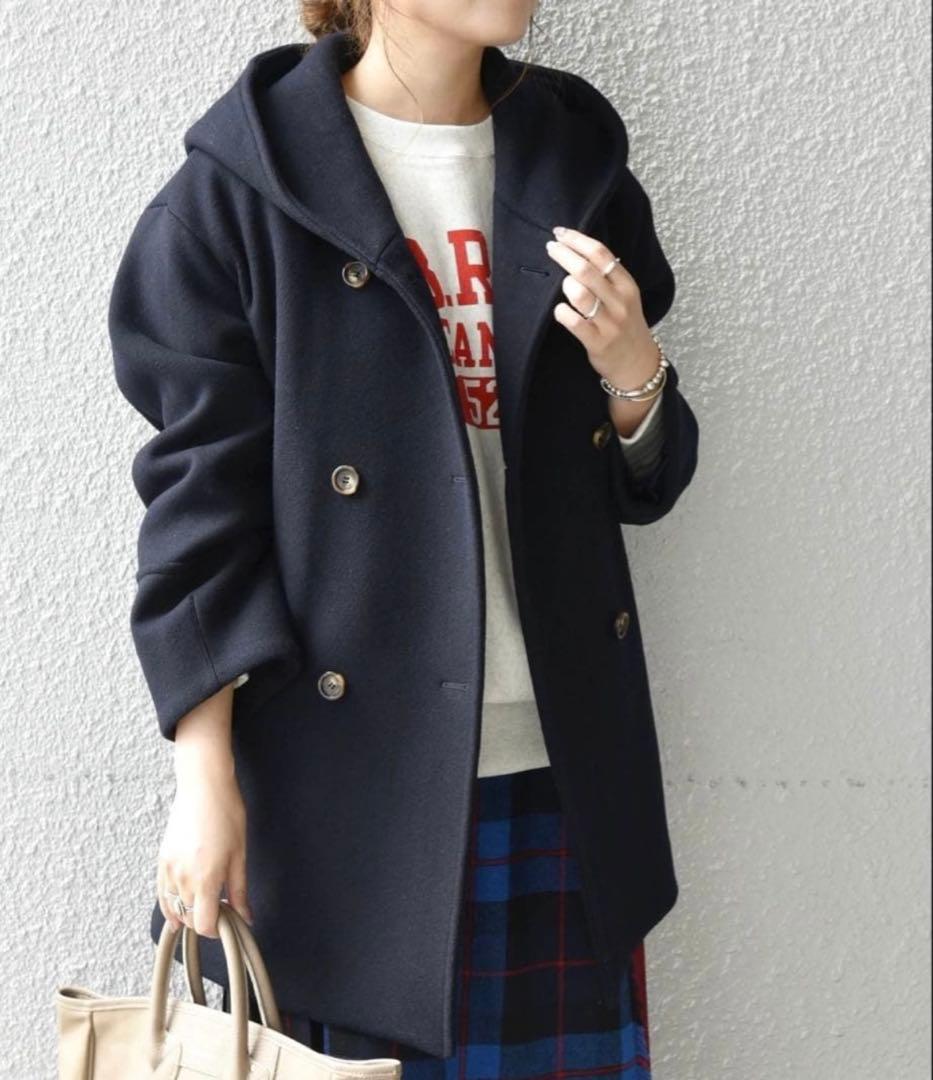 SHIPS any シップス フーデット ミディ コート 40 ネイビー 美品