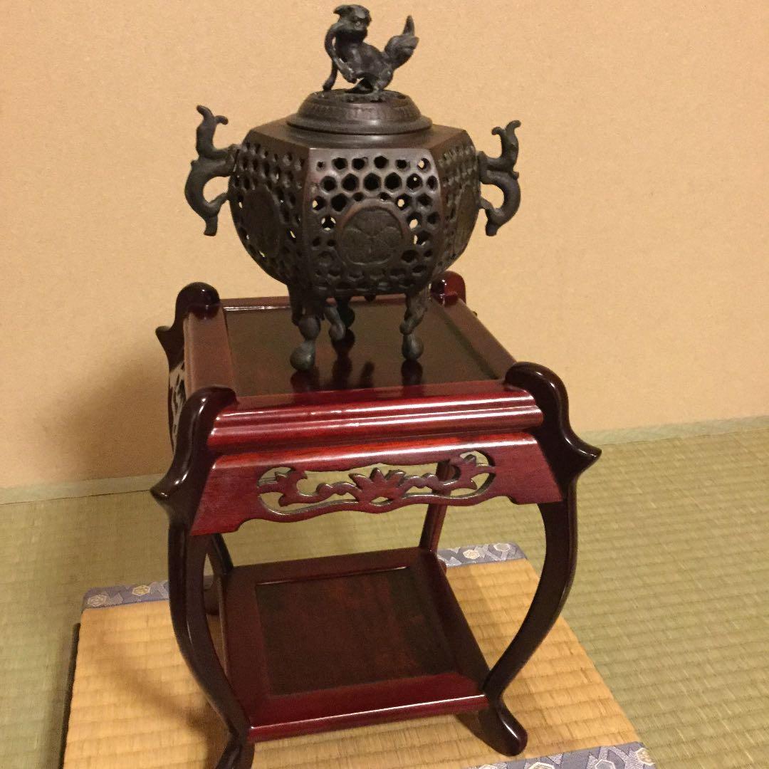 50年以上前のヴィンテージ品、香炉と香炉台、置き台、畳の敷物の4点セット