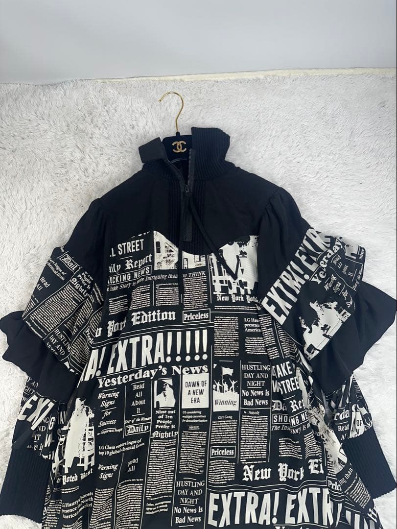 美品✨23年　エイココンドウ　総柄　ポンチョ　プルオーバー　変形デザイン　黒　L