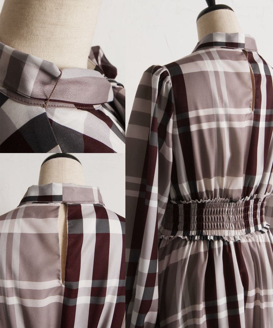 ベージュ ビックボウタイリボン付きチェック柄シャーリングワンピース tocco