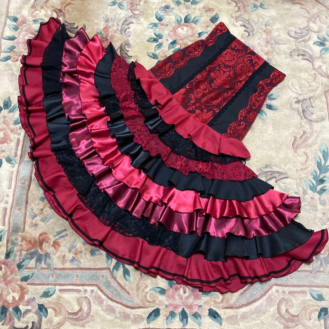 フラメンコ衣装　ハンドメイド　ボルドー＆ブラックダマスク柄ファルダ