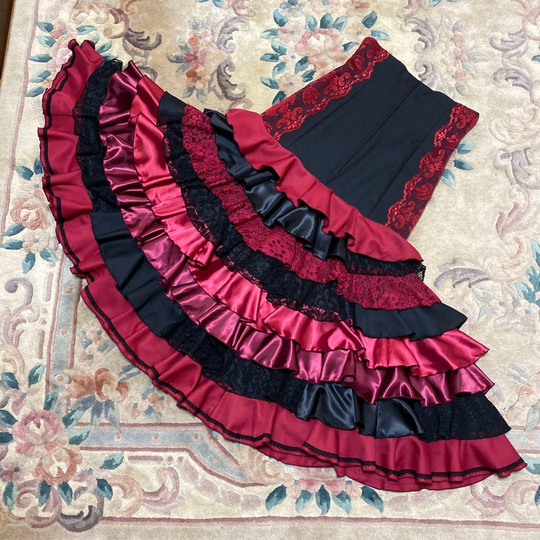 フラメンコ衣装　ハンドメイド　ボルドー＆ブラックダマスク柄ファルダ