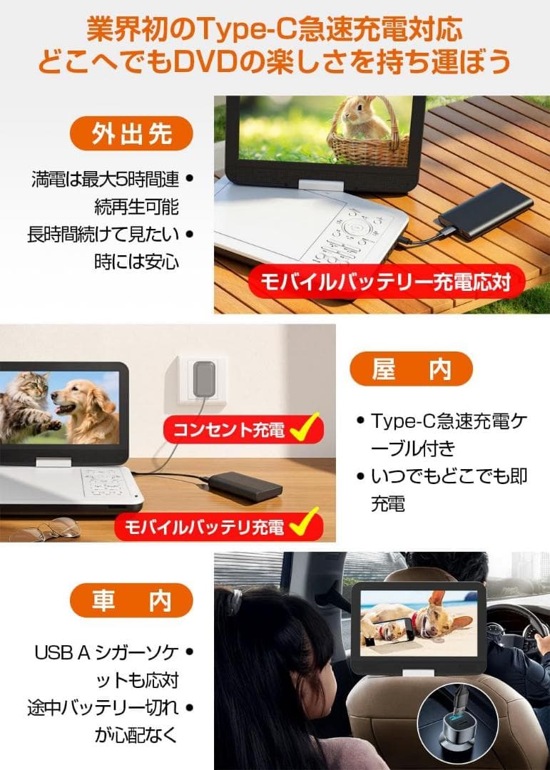 ポータブルDVDプレーヤー type-c急速充電 モバイルバッテリー充電