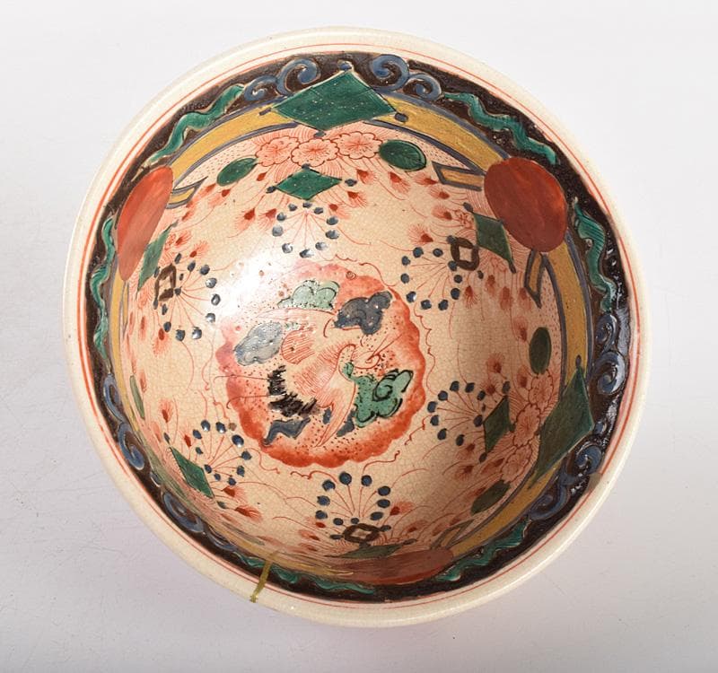 mercame　京焼　色絵赤丸文茶碗　鉢　江戸中期　時代箱　C　R5008