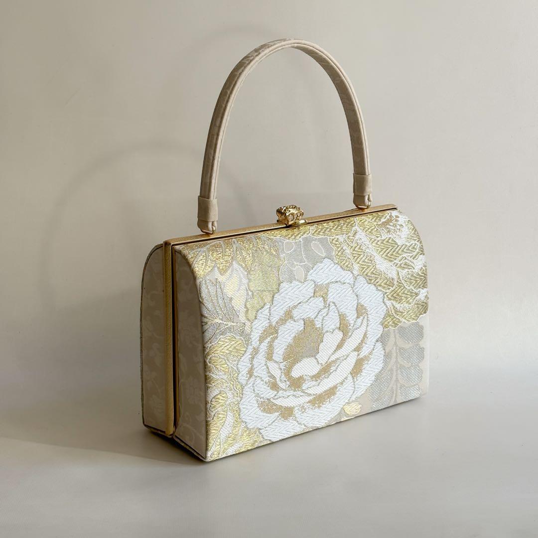 B品 新品未使用品 和装用バッグ ホワイトゴールド 花柄 礼装 振袖No143