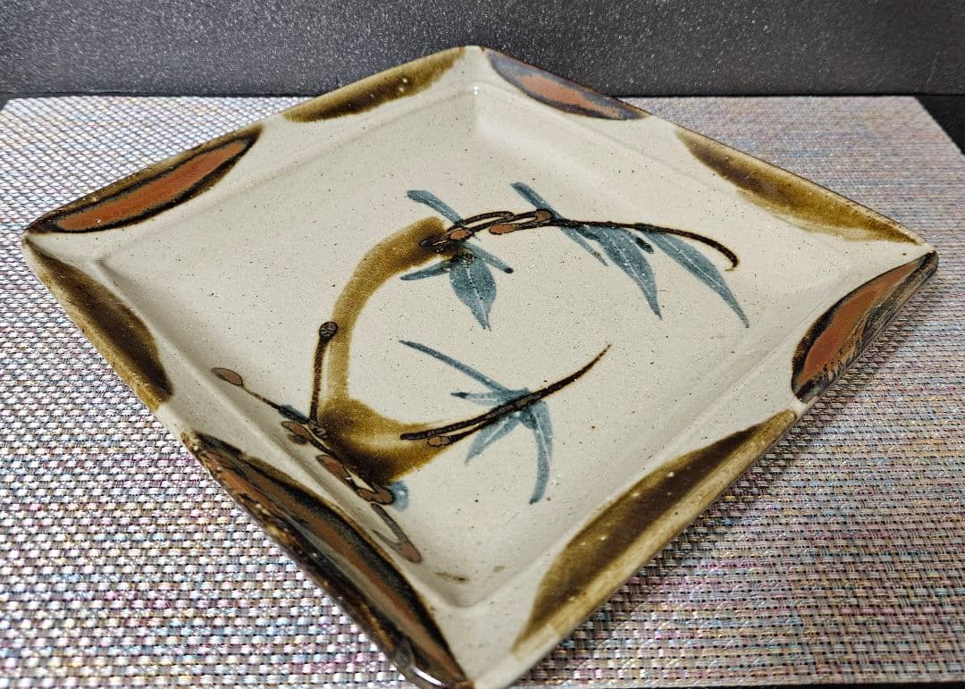 益子焼　名工　佐久間藤太郎 作　呉須竹絵　角皿飾皿　共箱　師 人間国宝　濱田庄司