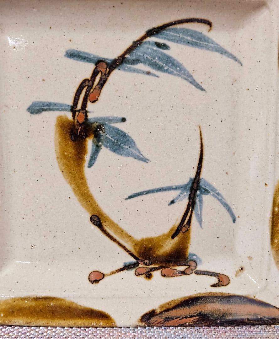 益子焼　名工　佐久間藤太郎 作　呉須竹絵　角皿飾皿　共箱　師 人間国宝　濱田庄司
