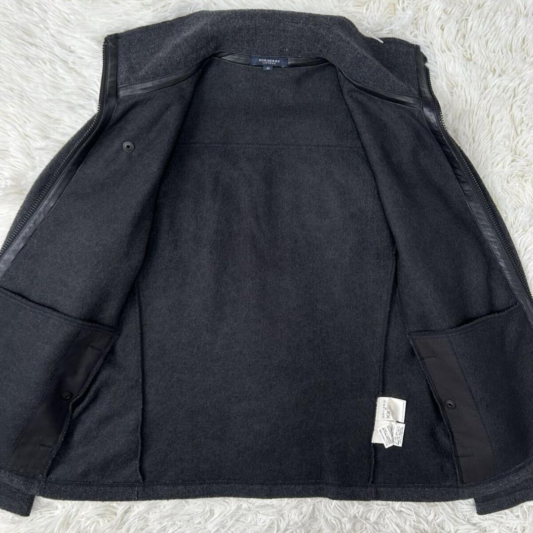 【極美品/L】バーバリーロンドン ニットジャケット ダブルファスナー レザー 黒
