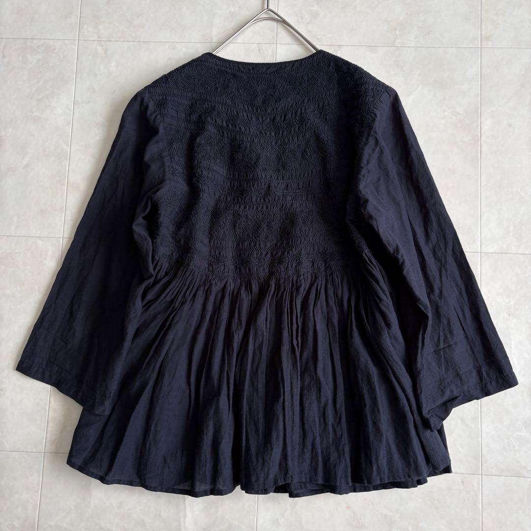 yuni カシュクールブラウス 紺F 刺繍レース ギャザー タッセル 2WAY