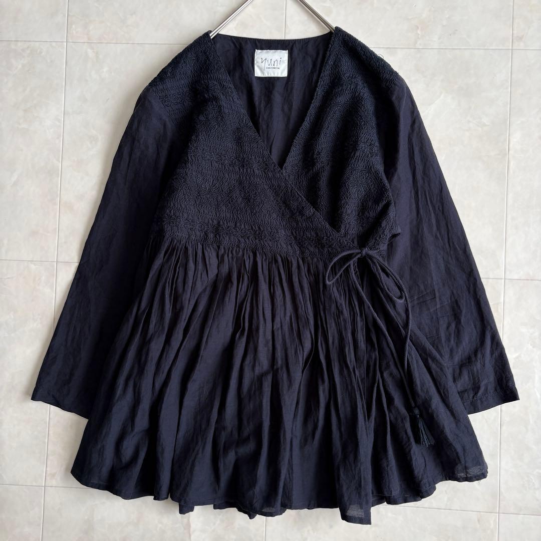 yuni カシュクールブラウス 紺F 刺繍レース ギャザー タッセル 2WAY