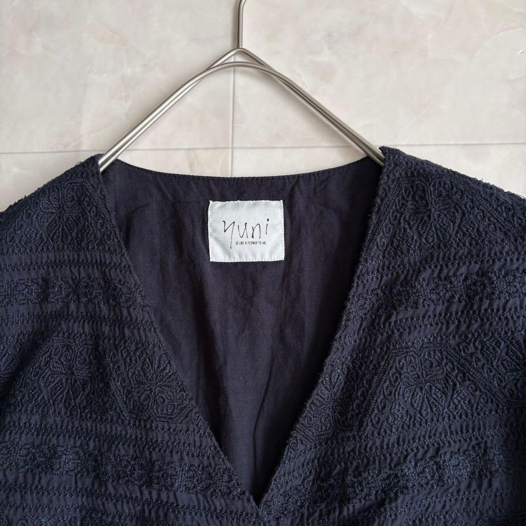 yuni カシュクールブラウス 紺F 刺繍レース ギャザー タッセル 2WAY