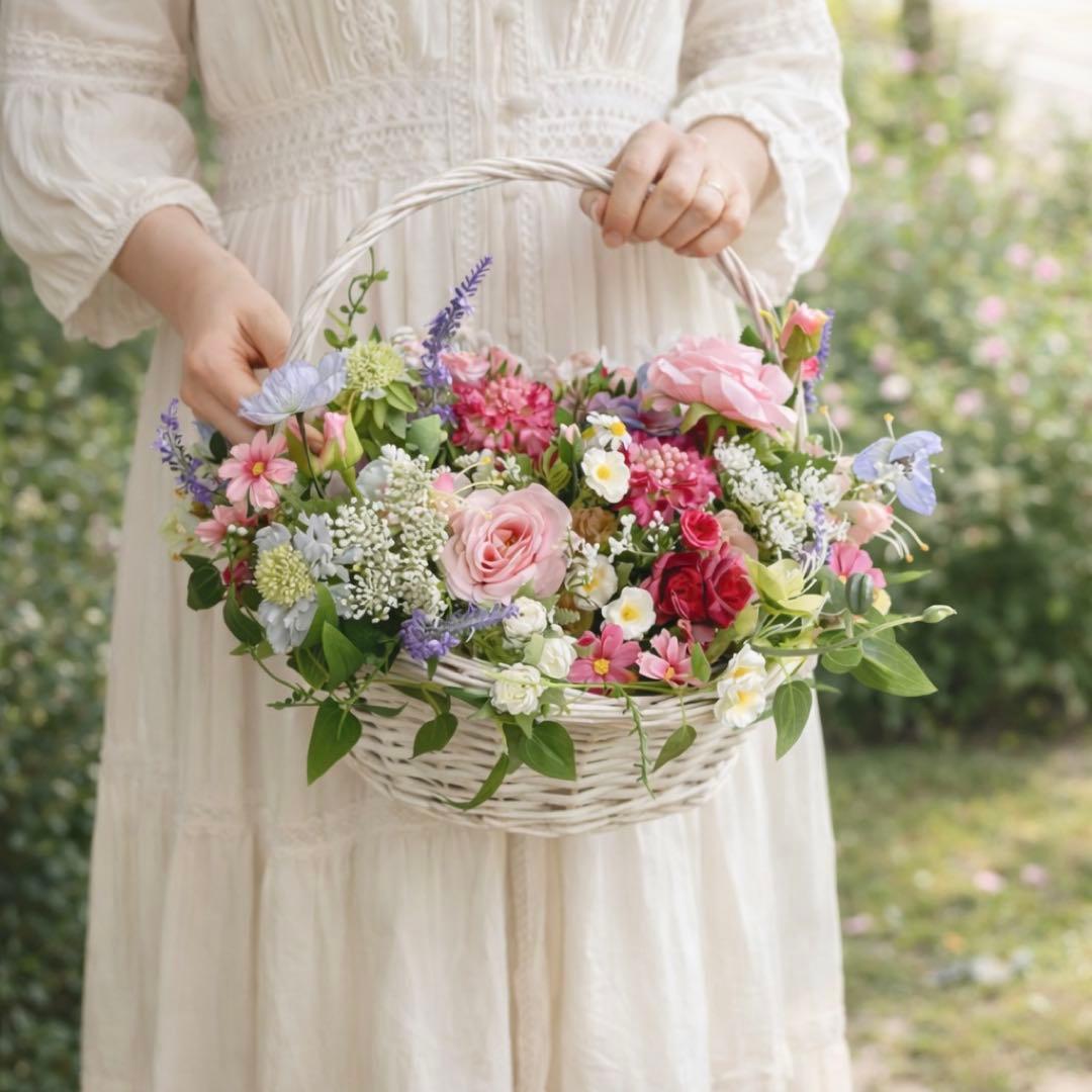 摘みたての花束のようなナチュラルバスケットアレンジ｜退職祝い・母の日ギフトに