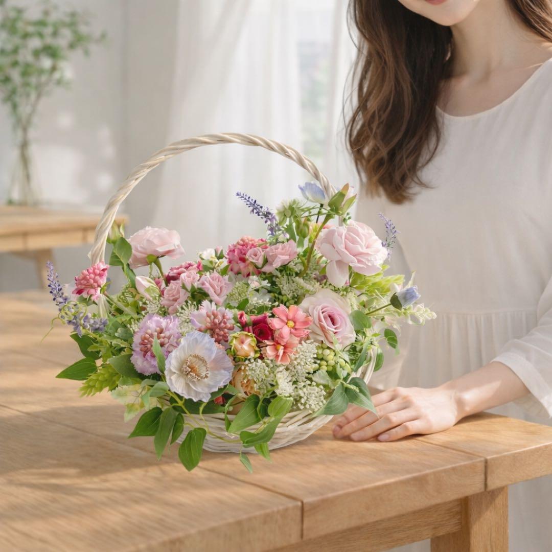 摘みたての花束のようなナチュラルバスケットアレンジ｜退職祝い・母の日ギフトに