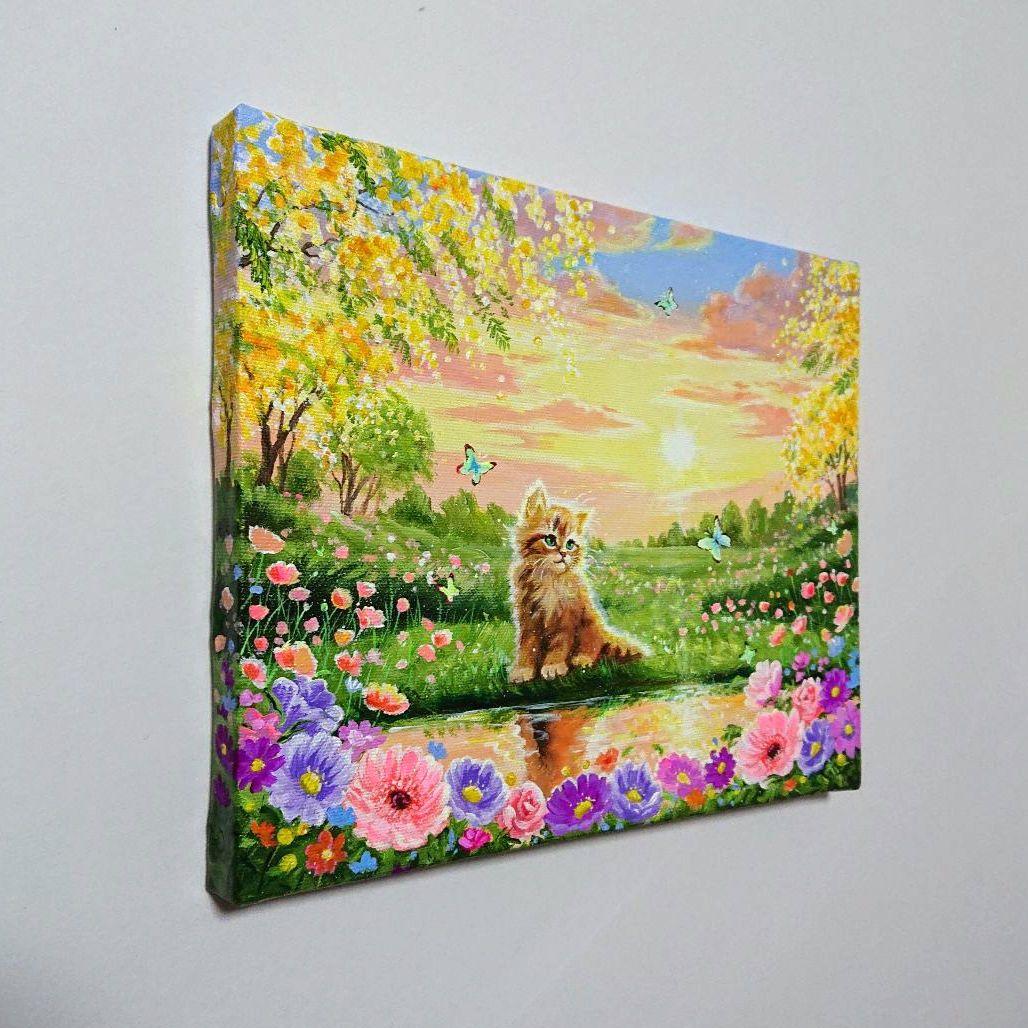 【春の夕空】アクリル画 F3 風景画 絵画