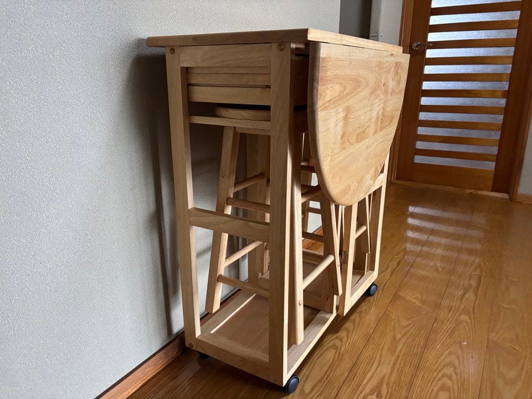 折りたたみ キッチンワゴン 木製 スツール付き キャスター付き