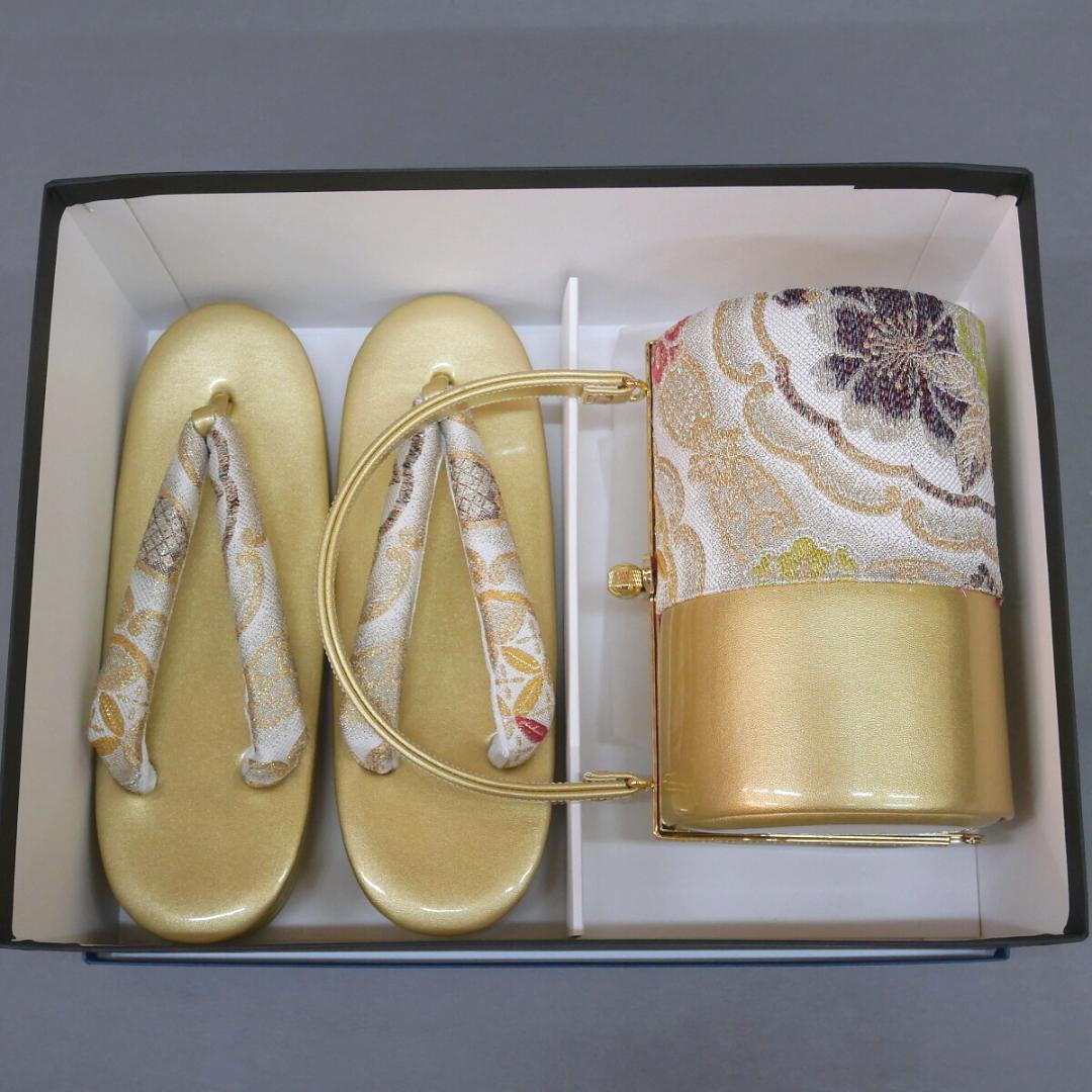 おはるM24-3 新品 振袖用 草履 バッグ セット ゴールド系 桜柄 ②