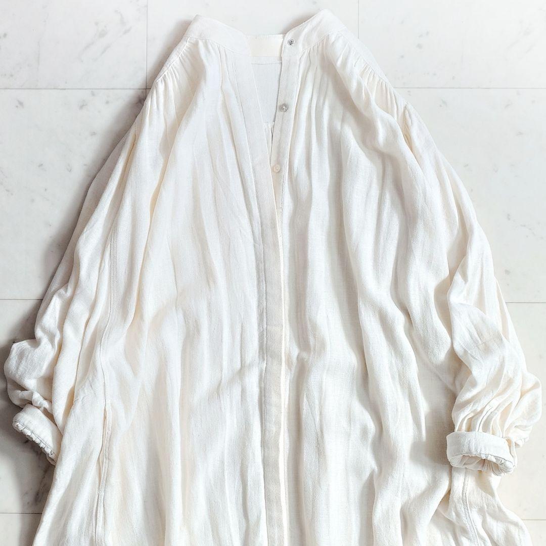 美品✨アギュー ARGUE リネン バンドカラー ロングワンピース アイボリー