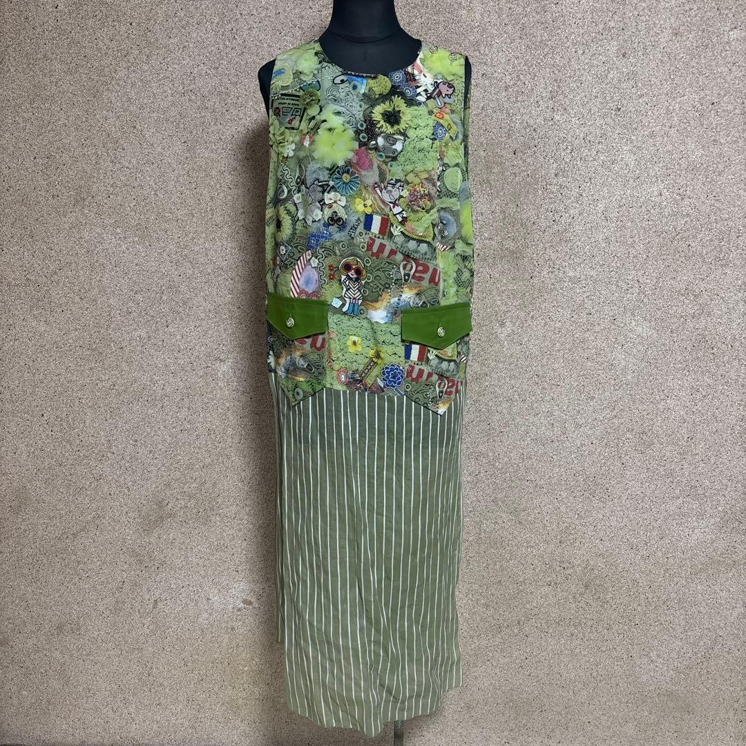 【新品タグ付】アルベロベロ ぶたさんコラージュワンピース M グリーン 日本製