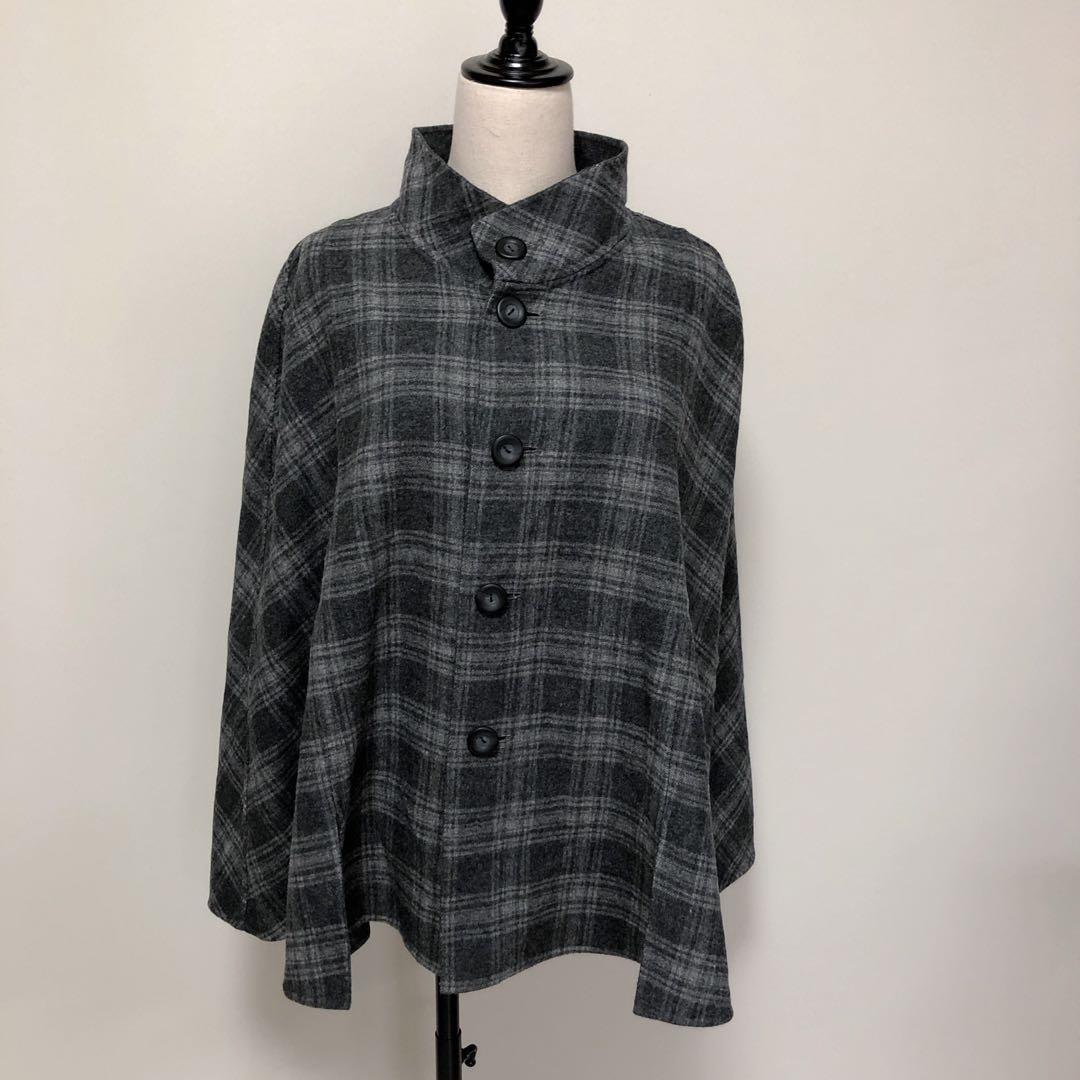 【希少美品】レリアン　リバーシブル　ポンチョ　ケープコート　グレー　チェック