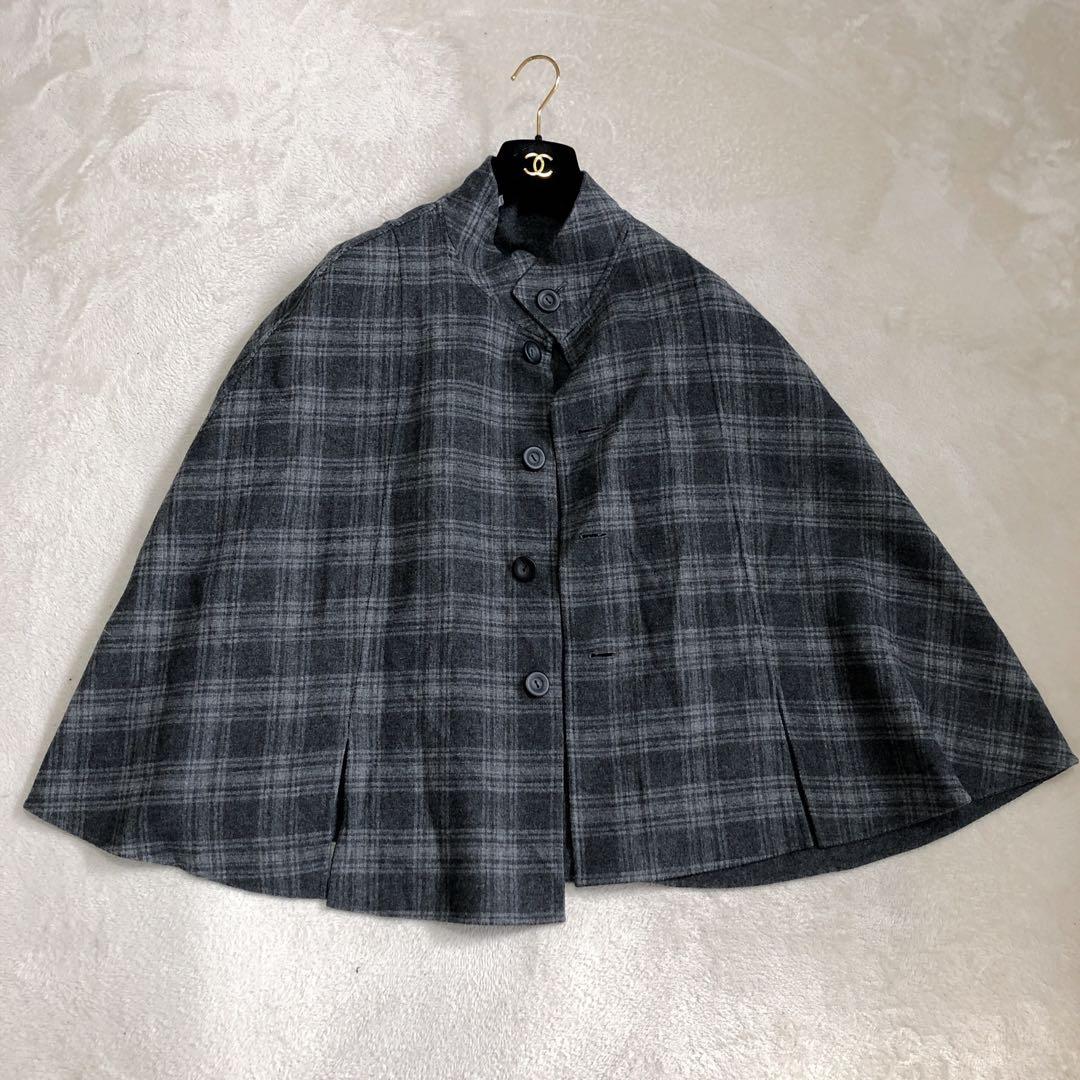 【希少美品】レリアン　リバーシブル　ポンチョ　ケープコート　グレー　チェック