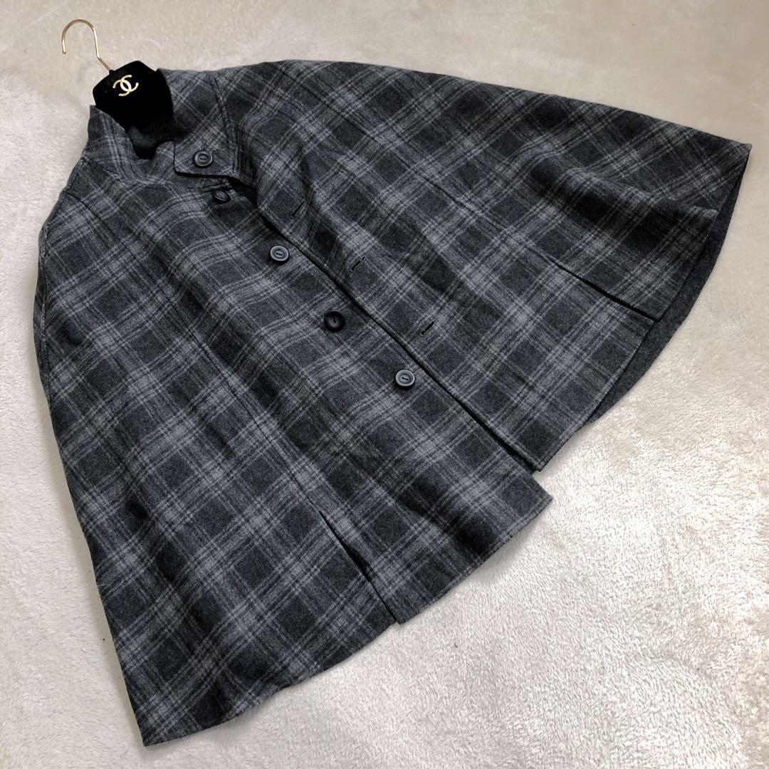 【希少美品】レリアン　リバーシブル　ポンチョ　ケープコート　グレー　チェック