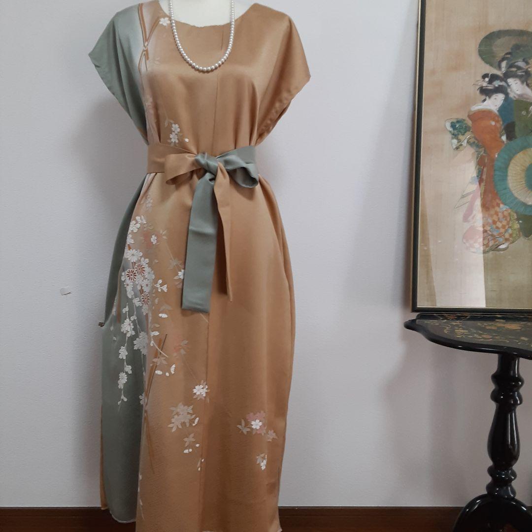 リメイク着物ロングワンピースボレロ付き正絹Ｌ